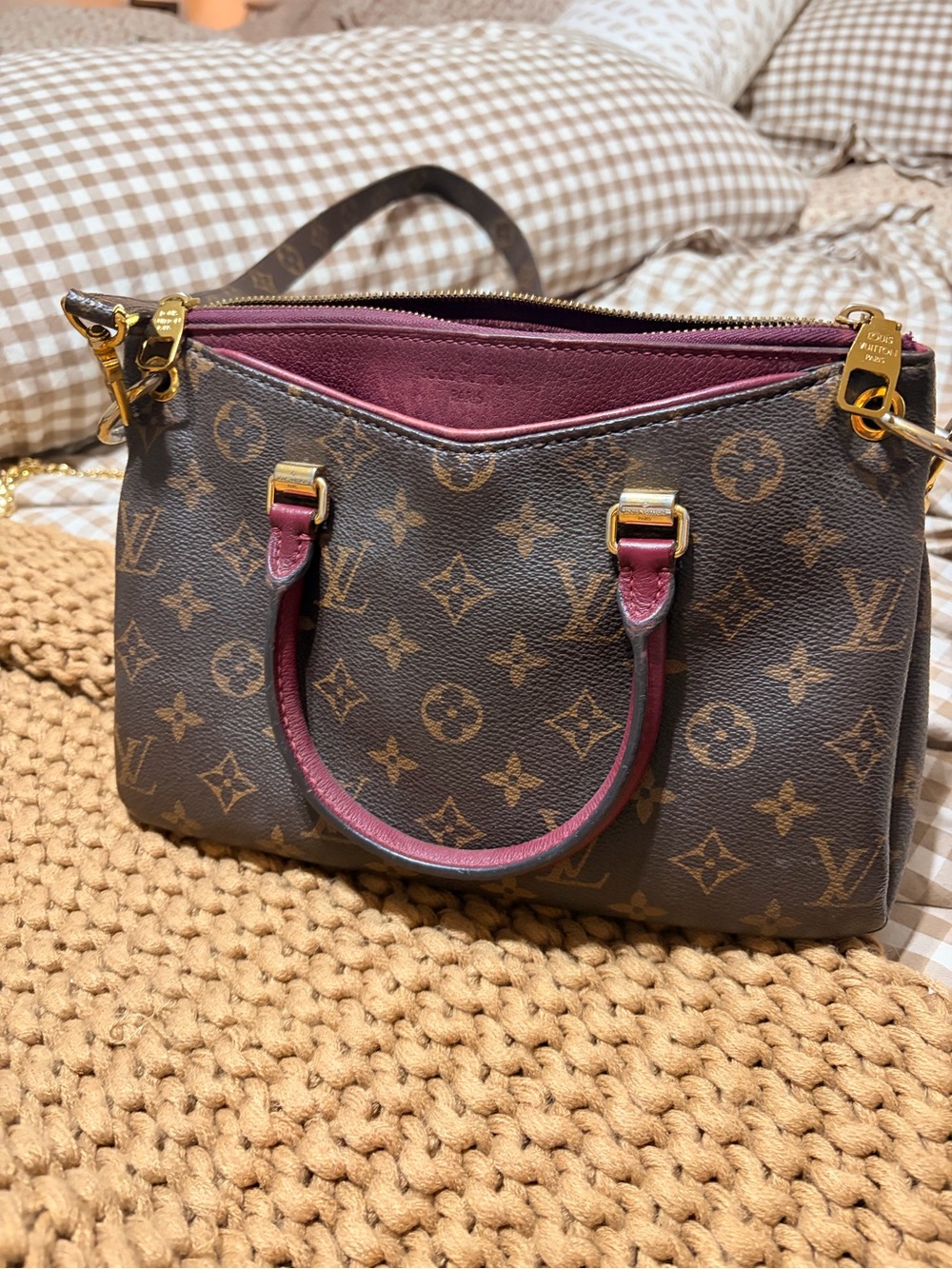 Louis Vuitton Monogram Pallas in the rare Aurore/burgundy color